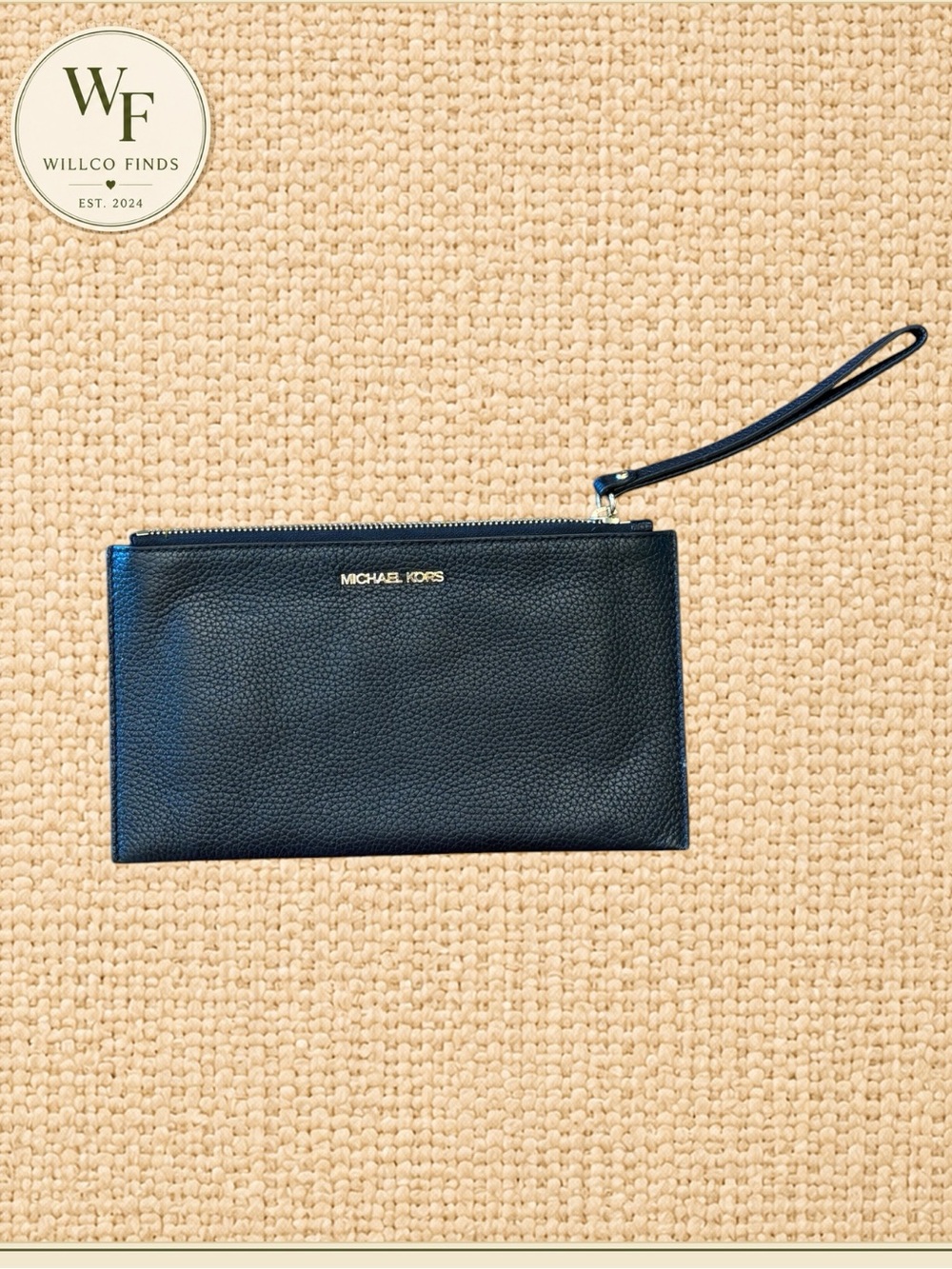 Michael Kors Black Pebbled Leather Zip Wristlet Clutch Gold Hardware